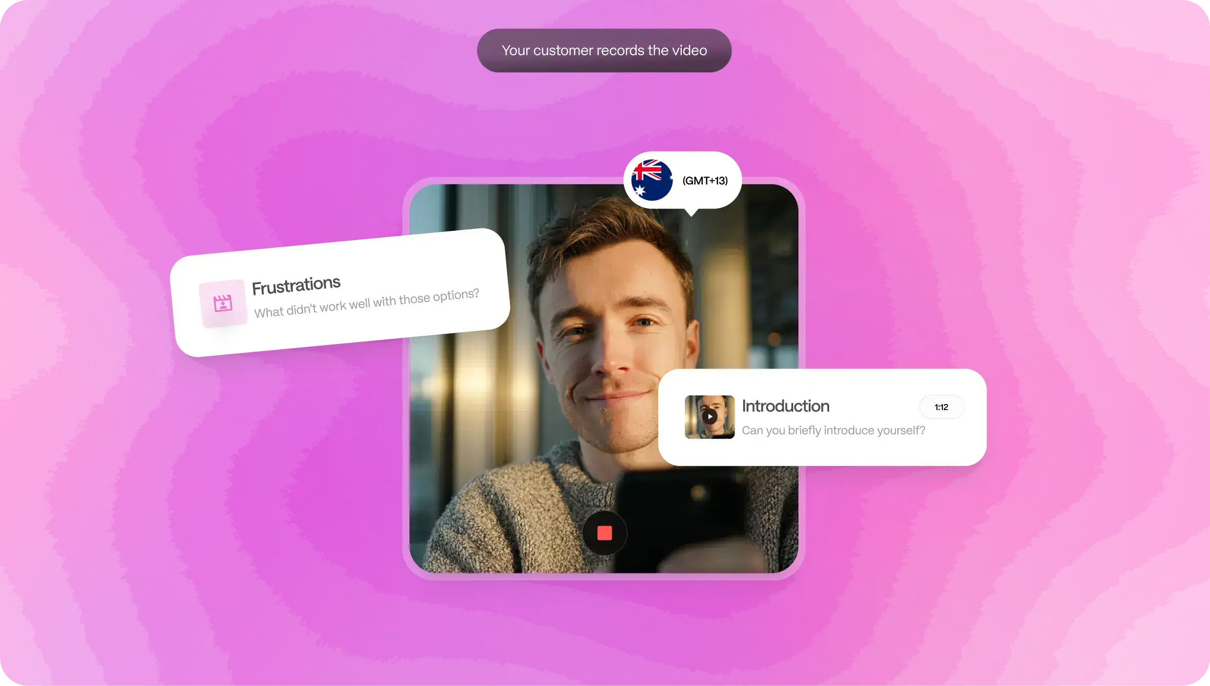 A customer recording a video testimonial on the HappyClient platform, with prompt cards overlaid on a pink gradient backdrop.