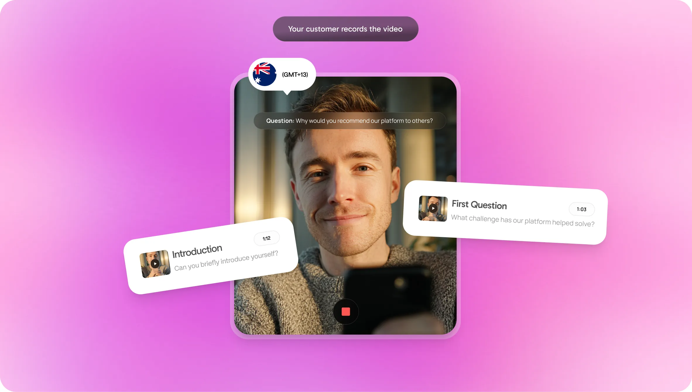 A customer recording a video testimonial on the HappyClient platform, with prompt cards overlaid on a pink gradient backdrop.