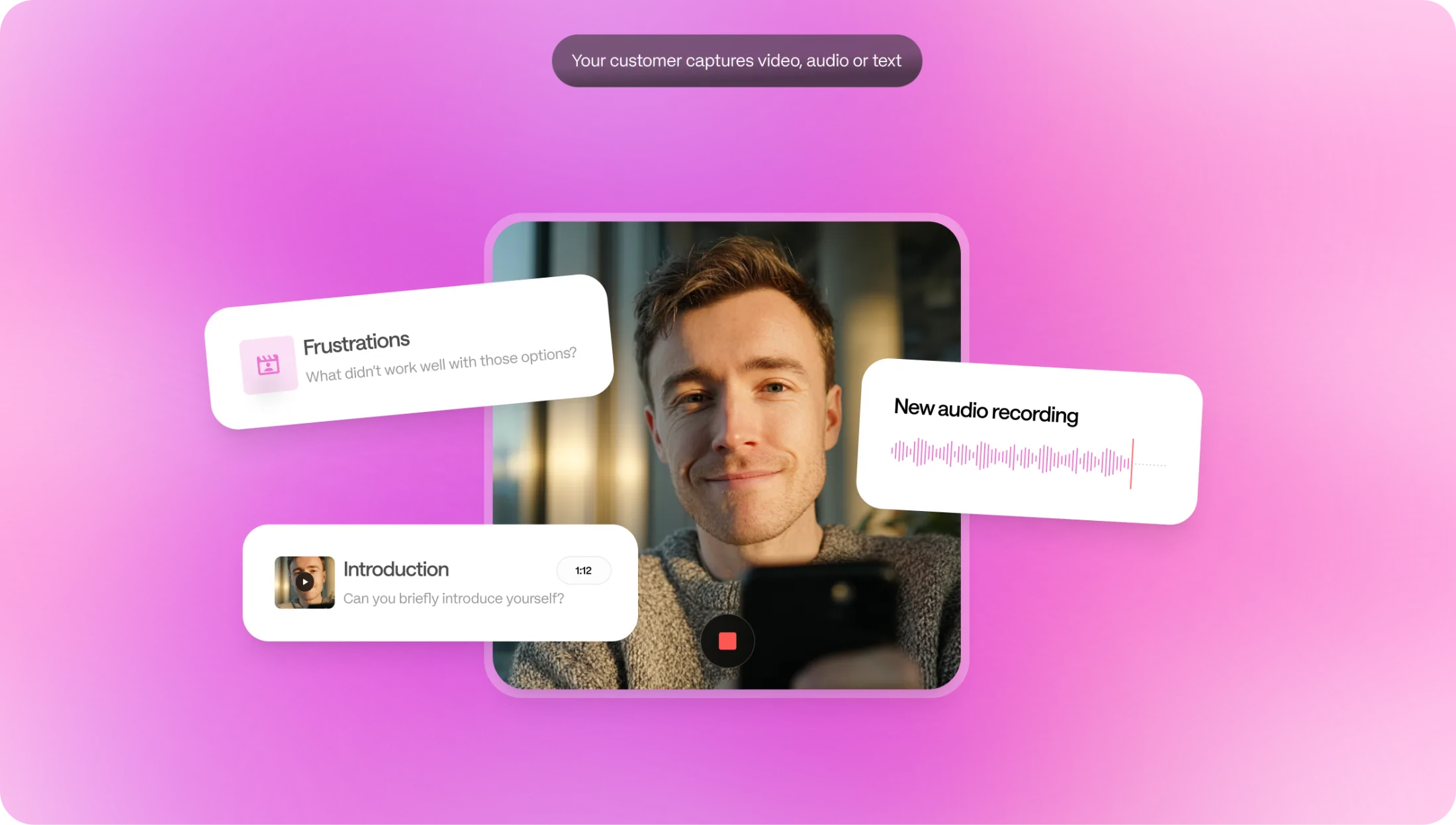 A customer recording a testimonial on the HappyClient platform, with question cards and a new audio recording overlaid on a pink gradient backdrop.