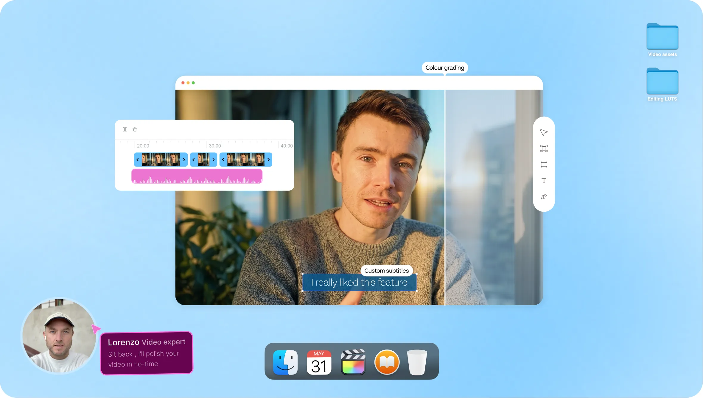 A video editor mockup showing the testimonial being edited by an expert, with a Final Cut Pro timeline and expert comment, on a blue gradient backdrop.