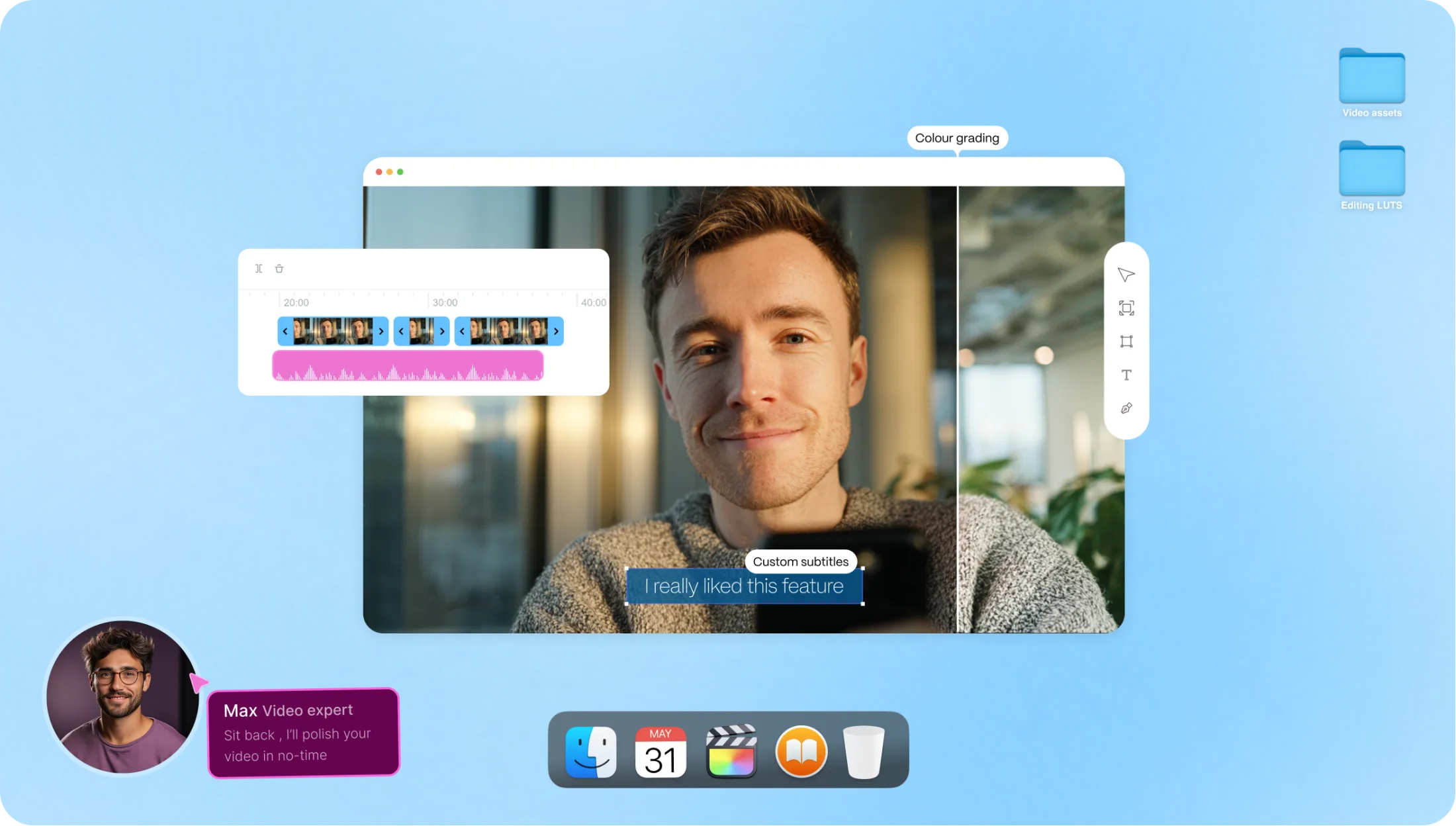 A video editor mockup showing the testimonial being edited by an expert, with a timeline, custom subtitles and colour grading, on a blue backdrop.