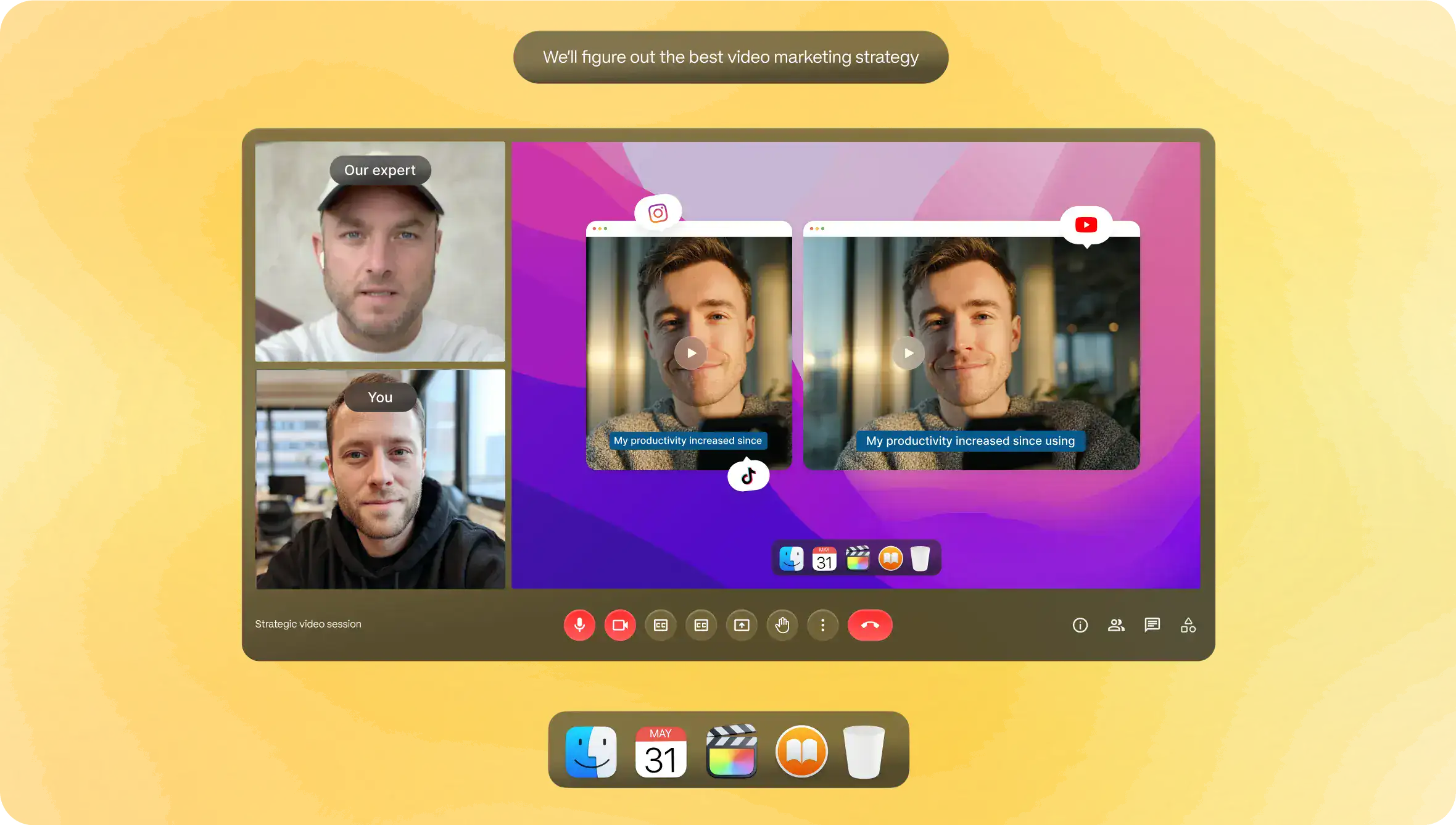 A video conference grid showing a strategy session between the HappyClient team and a customer, on a yellow gradient backdrop.