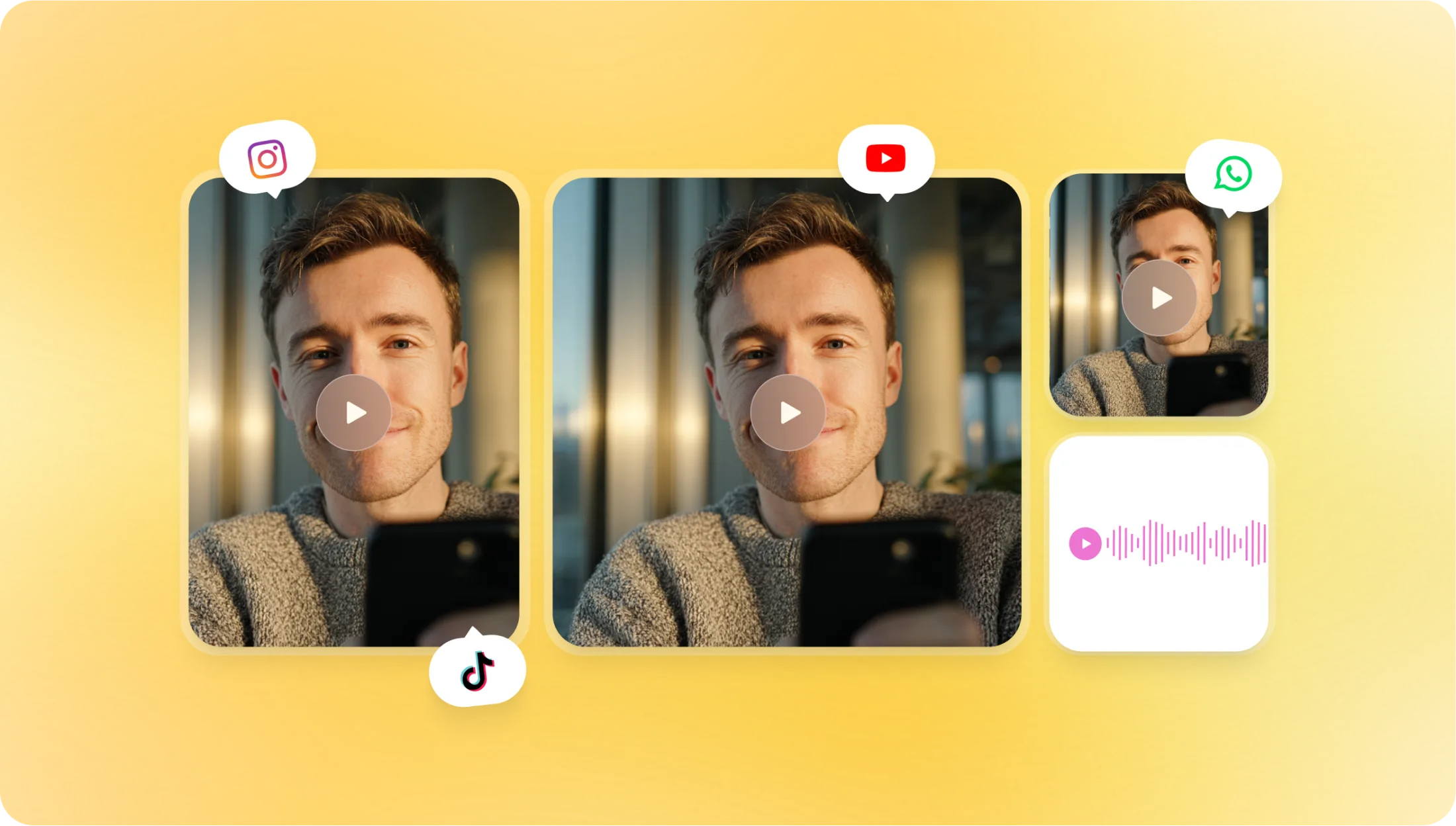 One testimonial cut into square, landscape, vertical and audio formats, with Instagram, YouTube, WhatsApp and TikTok chips, on a yellow backdrop.