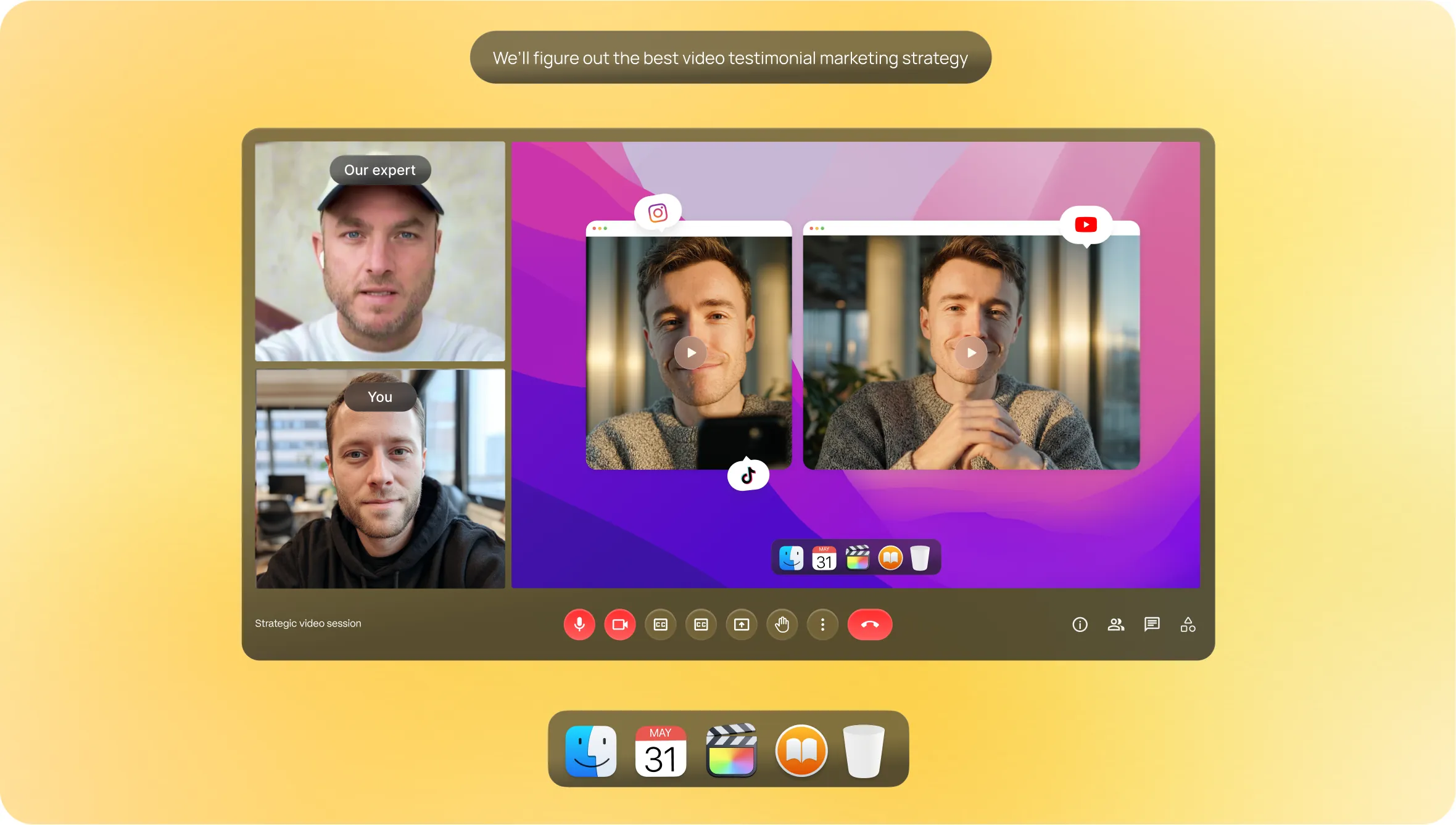 A video conference grid showing a strategy session between the HappyClient team and a customer, on a yellow gradient backdrop.