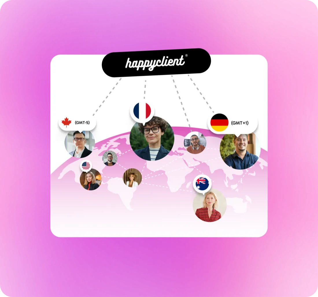 World map showing people from different locations connected through HappyClient