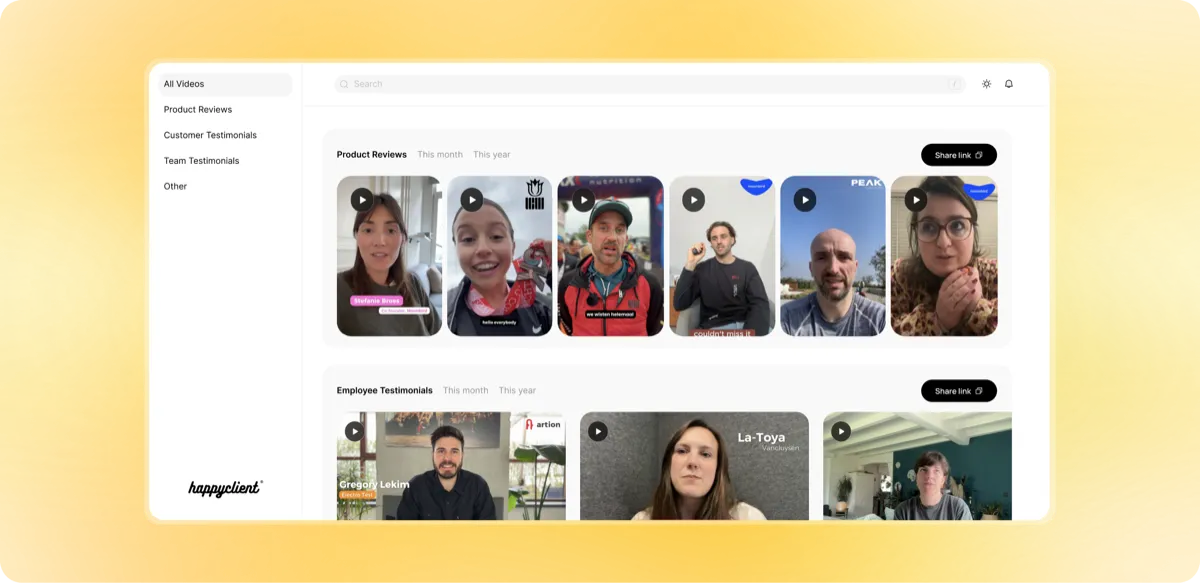 HappyClient video library dashboard showing organized product reviews and employee testimonials