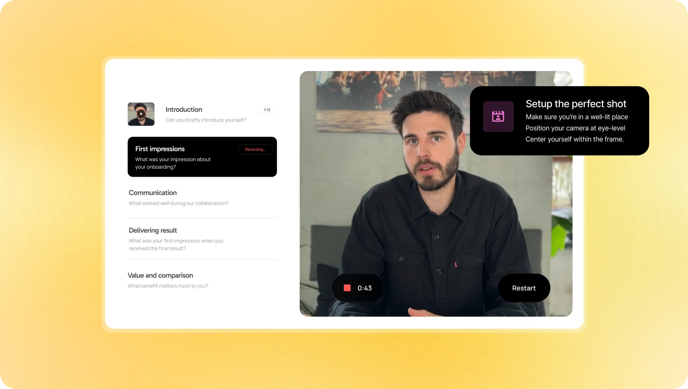 Guest recording interface showing questions and camera view with setup tips