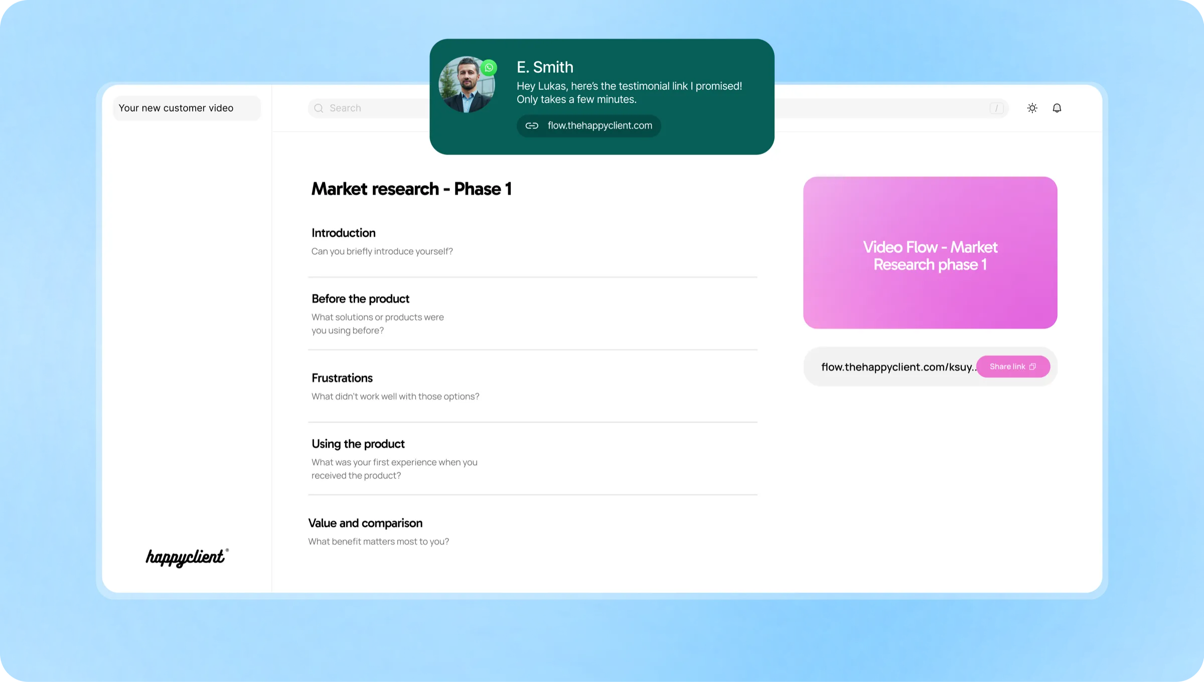Dashboard showing interview questions with a WhatsApp share message overlay