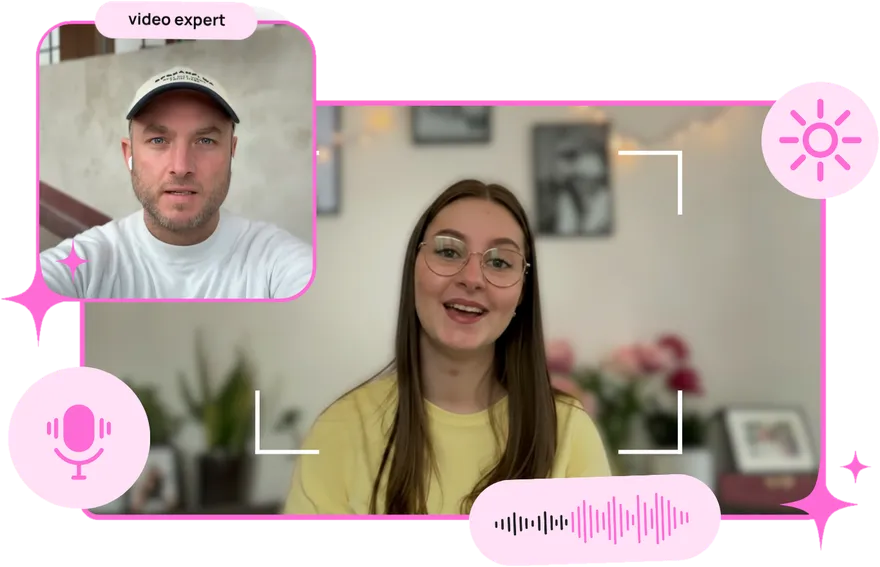 A HappyClient video expert on a video call with a customer, checking mic, lighting and framing before she records